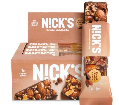 NICK'S Almond Chocolate Snack Bar, Keto Nut Snack for Sports, Hiking & Outdoor Activities, 1G sugar, 3G net carbs, healthy snack, (pack of 12)