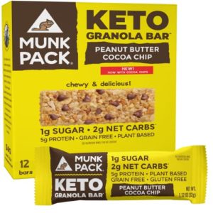Munk Pack Keto Granola Bar | Low Carb Keto & Plant Based Snacks | Non-GMO Peanut Butter Cocoa Chip | Low Sugar Chewy Bars for Breakfast & Cereal | 12 Bars
