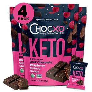 ChocXO Keto Dark Chocolate Raspberry & Quinoa Snaps | Keto Certified, USDA Organic, Certified Gluten Free and Kosher | Sustainably Sourced 85% Cacao, 98 g (4-Pack)