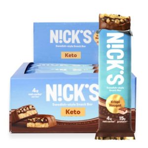 NICK’S Protein Snack Bar, Crispy Nougat, 4g Net Carbs, 15g Protein, No Added Sugar, 5g Collagen, Low Carb Protein Bar, Low Sugar Meal Replacement Bar, Keto Snacks, 12-Count