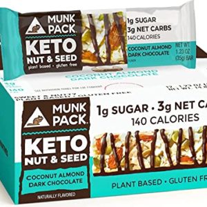 Munk Pack Keto Nut & Seed Bar | Low Carb Keto & Plant Based Snacks | Nutrient Dense & Gluten Free Coconut Almond Dark Chocolate | No Added Sugar Chewy Breakfast Bars | 12 Bars