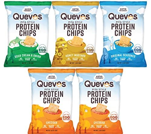 Quevos Egg White Chips - Original Low Carb Egg Crisps, Crunchy Flavorful Protein & High Fiber Keto Snacks, Atkins Friendly, Gluten Free, Protein Crisp, Low Carb Chips - Variety Bundle, 1 Oz Bags (Pack of 5)