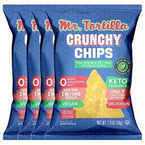 Mr. Tortilla's Crunchy Chips - Keto-Friendly Vegan Snack Chips - 3 Net Carbs Per Serving, Crisps Cooked In Avocado Oil - Kosher, Zero Guilt Healthy Chips - 2oz Bags, 4-Pack (Multigrain)