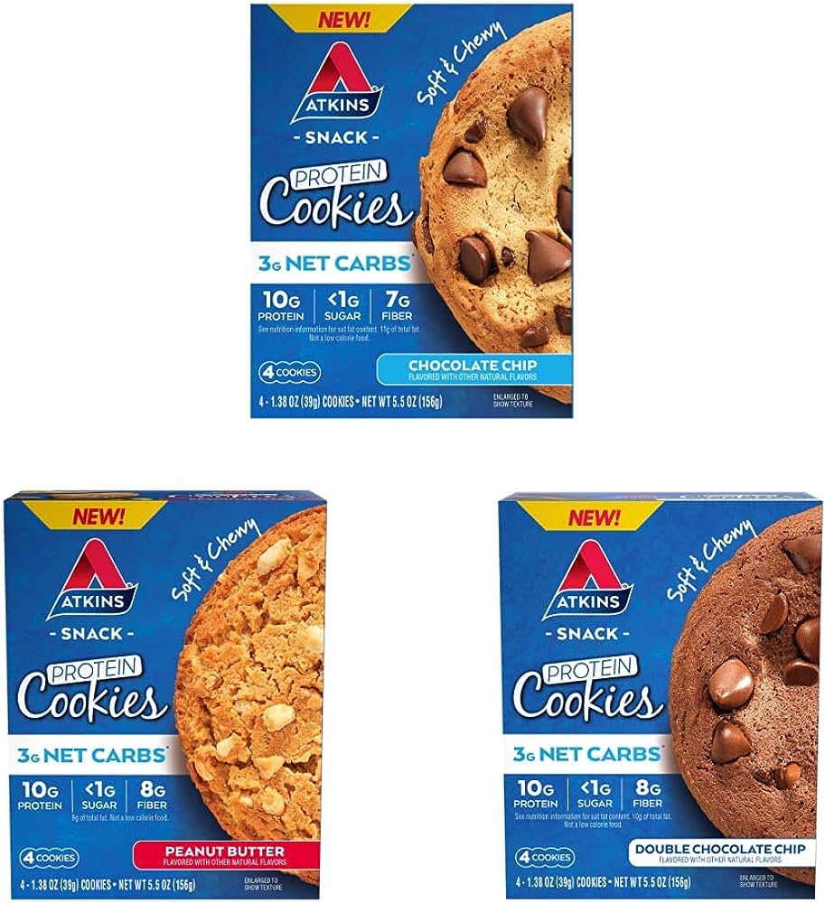 Atkins Protein Cookies Variety Bundle, 3 Flavors, Chocolate Chip, Peanut Butter, Double Chocolate Chip (12 Count)