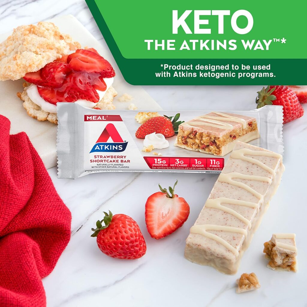 Atkins Strawberry Shortcake Protein Meal Bar, High Fiber, 1g Sugar, 3g Net Carb Meal Replacement, Keto Friendly, 30 Count