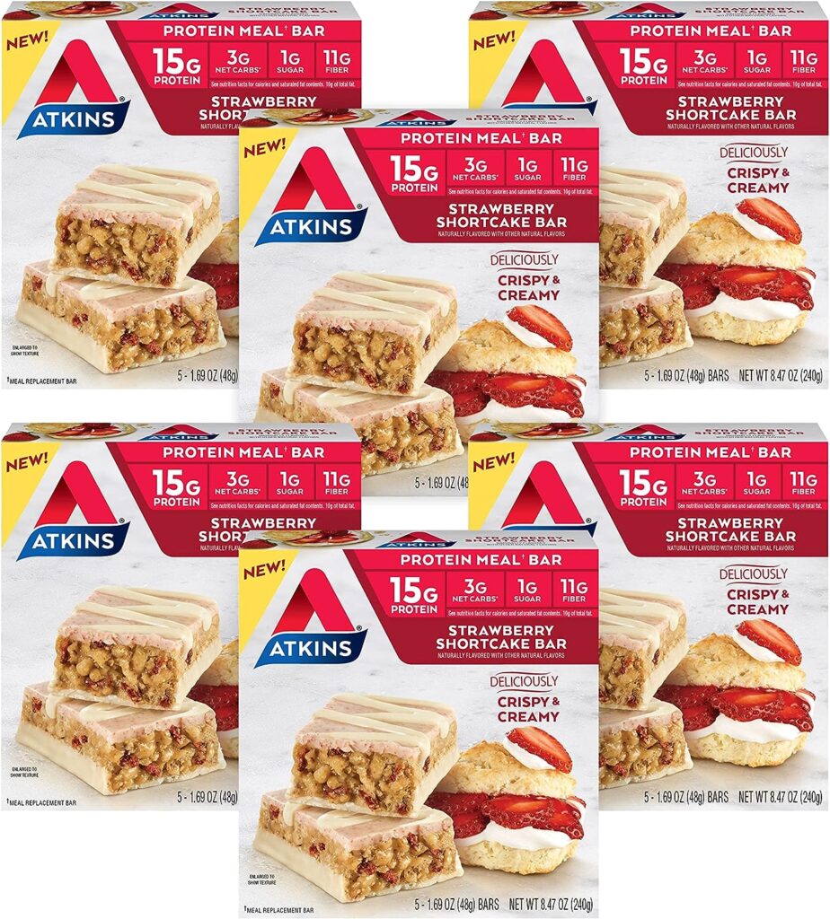Atkins Strawberry Shortcake Protein Meal Bar, High Fiber, 1g Sugar, 3g Net Carb Meal Replacement, Keto Friendly, 30 Count