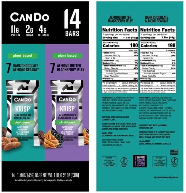 CanDo Krisp - Keto Protein Bar | 14 Variety Pack (7 ct Dark Chocolate Almond Sea Salt, 7 ct Almond Butter Blackberry Jelly) | Low-Carb Snack, Low-Sugar, Plant-based, High Protein Bar, Gluten-Free, Vegetarian, Vegan, Crispy, Perfectly Delicious, Healthy Meal Replacement - Keto Krisp
