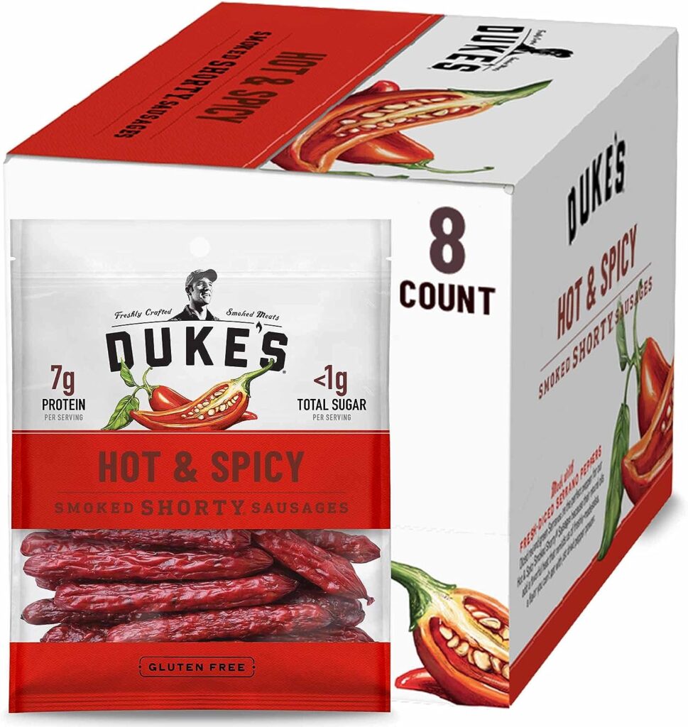 Dukes Hot  Spicy Smoked Shorty Sausages, Keto Friendly, 5 oz, Pack of 8