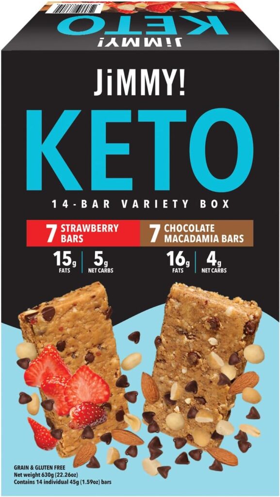 JiMMY! Keto Protein Bar, Keto Friendly, Variety Pack, 14 Count - Variety Pack Contains: 7 Strawberry and 7 Chocolate Macadamia Bars- Energy Bar with Low Net Carb, Low Sugar, Gluten Free