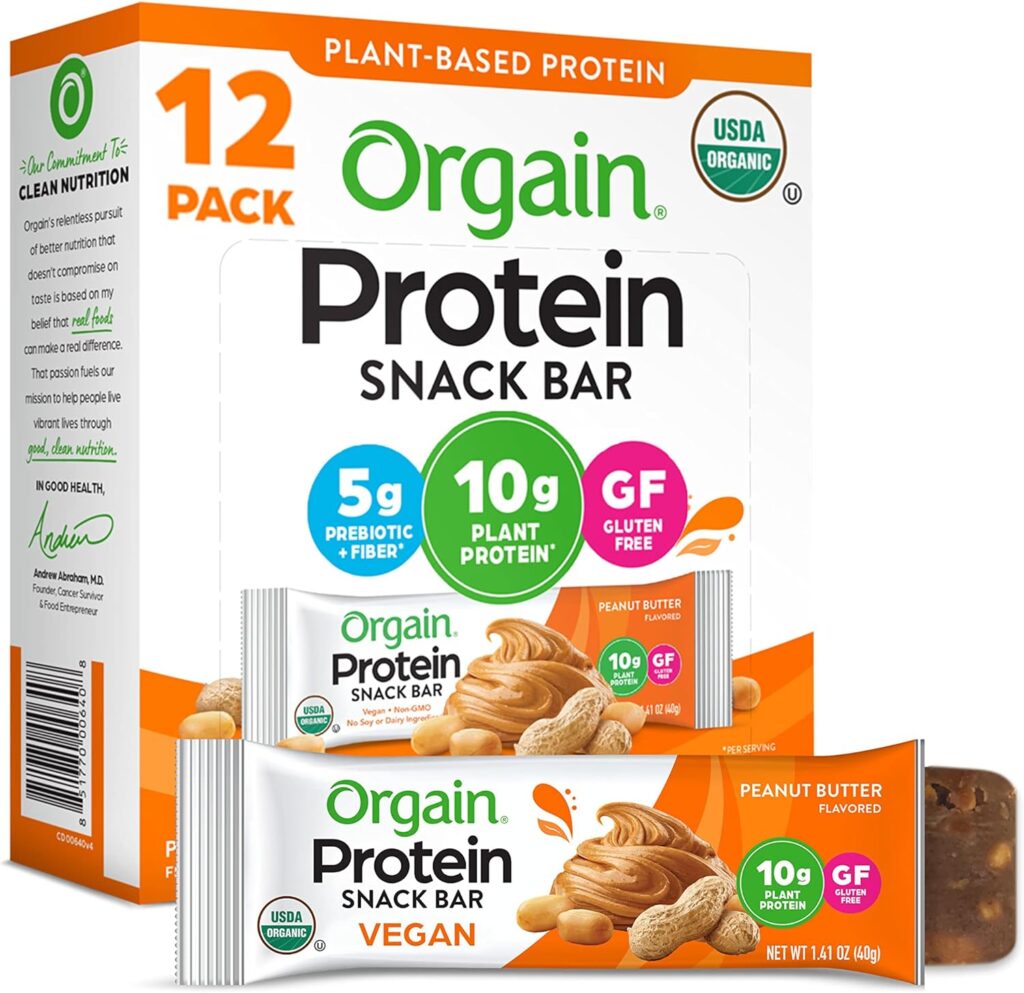 Orgain Organic Vegan Protein Bars, Peanut Butter - 10g Plant Based Protein, Gluten Free Snack Bar, Low Sugar, Dairy Free, Soy Free, Lactose Free, Non GMO, 1.41 Oz (12 Count)