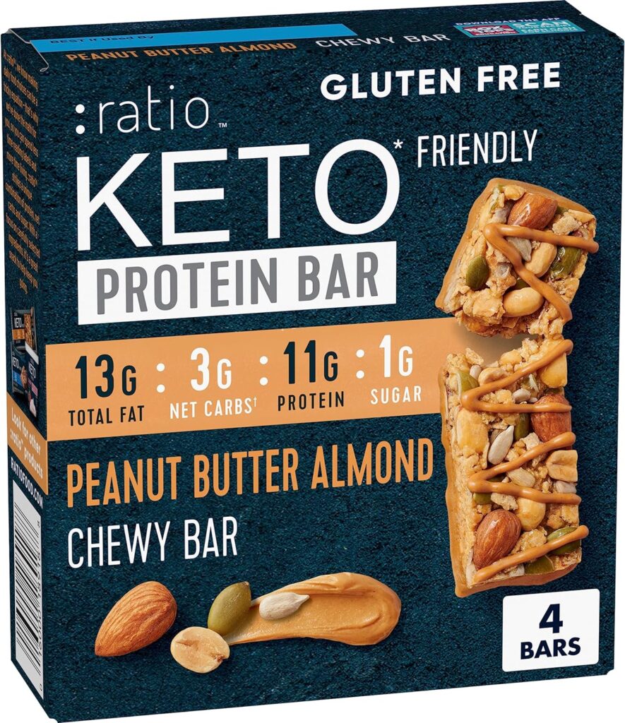 Ratio KETO Friendly Chewy Protein Bars, Peanut Butter Almond, Gluten Free Snack, 4 ct