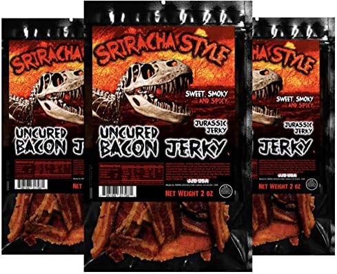 Sriracha Hot Sauce Bacon Jerky – JURASSIC JERKYS Special Bacon Jerky with Amazing taste, MSG-Free Spicy Meat Snacks - Keto Food on the Go This bacon packs a punch, the heat comes from genuine Sriracha Hot Sauce! Great protein boost for the gym, office or on the go! (3 count)