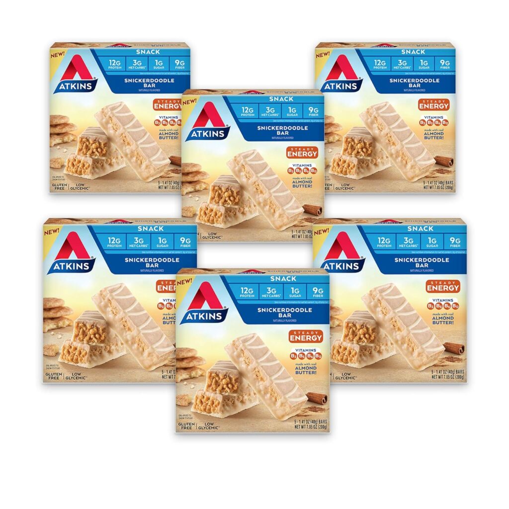 Atkins Snickerdoodle Snack Bar, Made with B Vitamins, 1g Sugar, Gluten Free, Low Glycemic, Keto Friendly, 30 Count