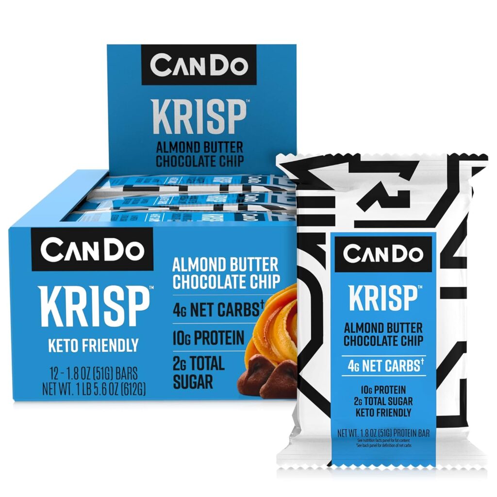 CanDo Krisp - Keto Snack  Keto Bar (12 Pack, Almond Butter Chocolate Chip) - Low-Carb Snack, Low-Sugar High Protein Bar - Gluten-Free Crispy, Perfectly Delicious Healthy Meal Replacement - Keto Krisp