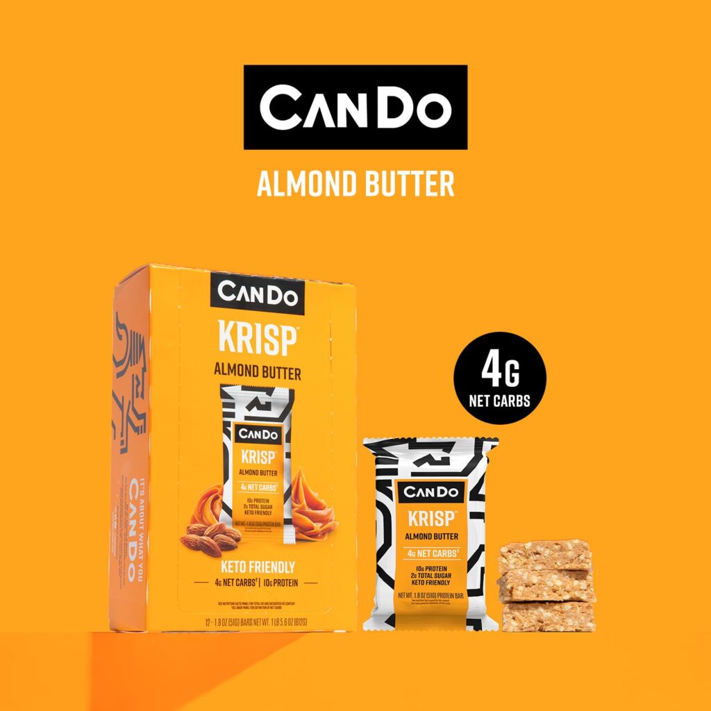 CanDo Krisp - Keto Snack  Keto Bar (12 Pack, Almond Butter Chocolate Chip) - Low-Carb Snack, Low-Sugar High Protein Bar - Gluten-Free Crispy, Perfectly Delicious Healthy Meal Replacement - Keto Krisp