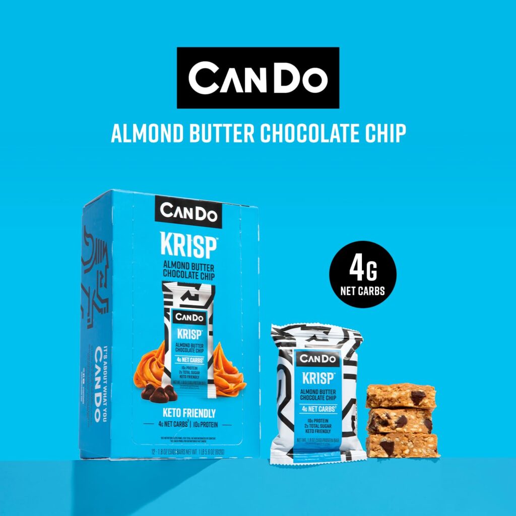 CanDo Krisp - Keto Snack  Keto Bar (12 Pack, Almond Butter Chocolate Chip) - Low-Carb Snack, Low-Sugar High Protein Bar - Gluten-Free Crispy, Perfectly Delicious Healthy Meal Replacement - Keto Krisp