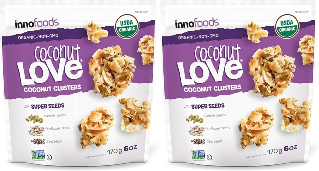 InnoFoods Coconut Love Coconut Clusters with Super Seeds (Pumpkin, Sunflower, and Chia Seeds) 6oz (2pk) - Gluten-Free Vegan Snacks - Organic Granola Bites - Grain-Free Healthy Topping for Yogurt  Dessert