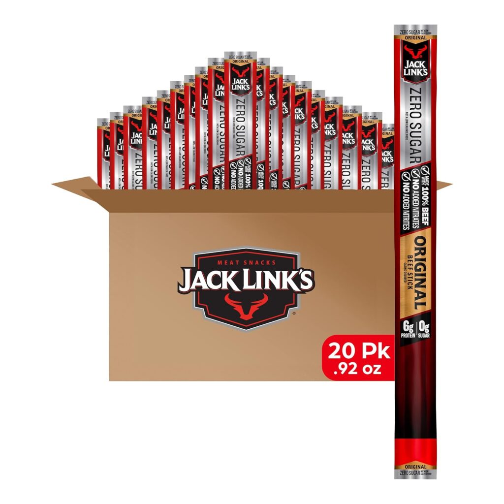 Jack Links Beef Sticks, Zero Sugar, Original – Protein Snack, Meat Stick with 6g of Protein, Made with 100% Beef, No Added MSG** – 0.92 Oz. (20 Count)